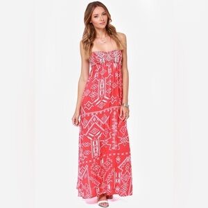 Billabong - Dreamed Of You Red And White Fun Tribal Print Maxi Dress Size Small